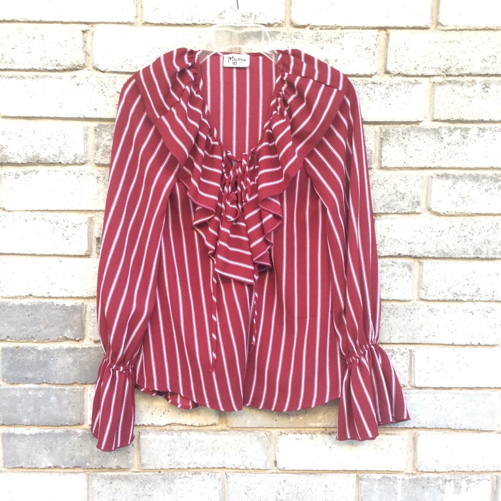 Show Me Your Mumu Blouse Bell Sleeve Top Long Sleeve Shirt Ruffles Small Maroon